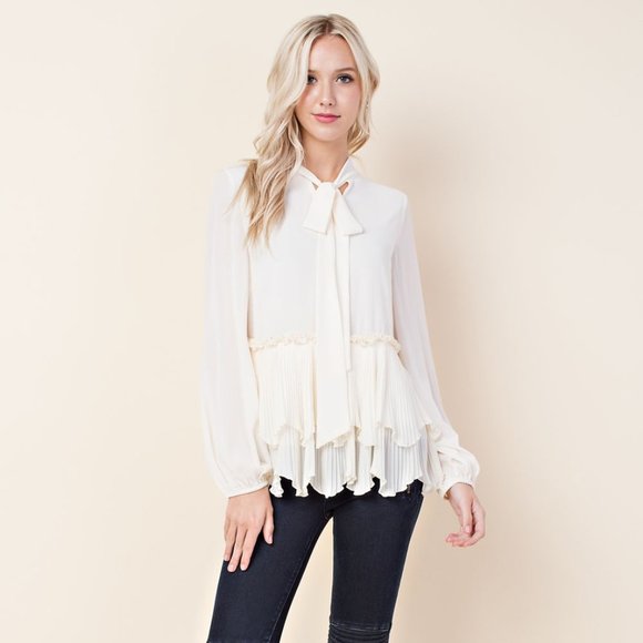 Blushing Heart Tops - Romantic Ruffled Peplum Neck Tie Blouse.